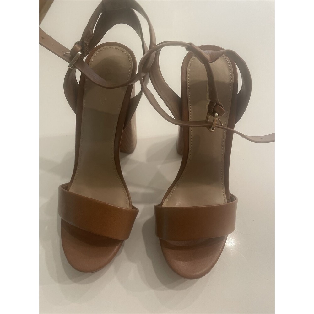 Aldo Open Toe Ankle Strap Block High Heel Sandal Size 6.5 Light Brown